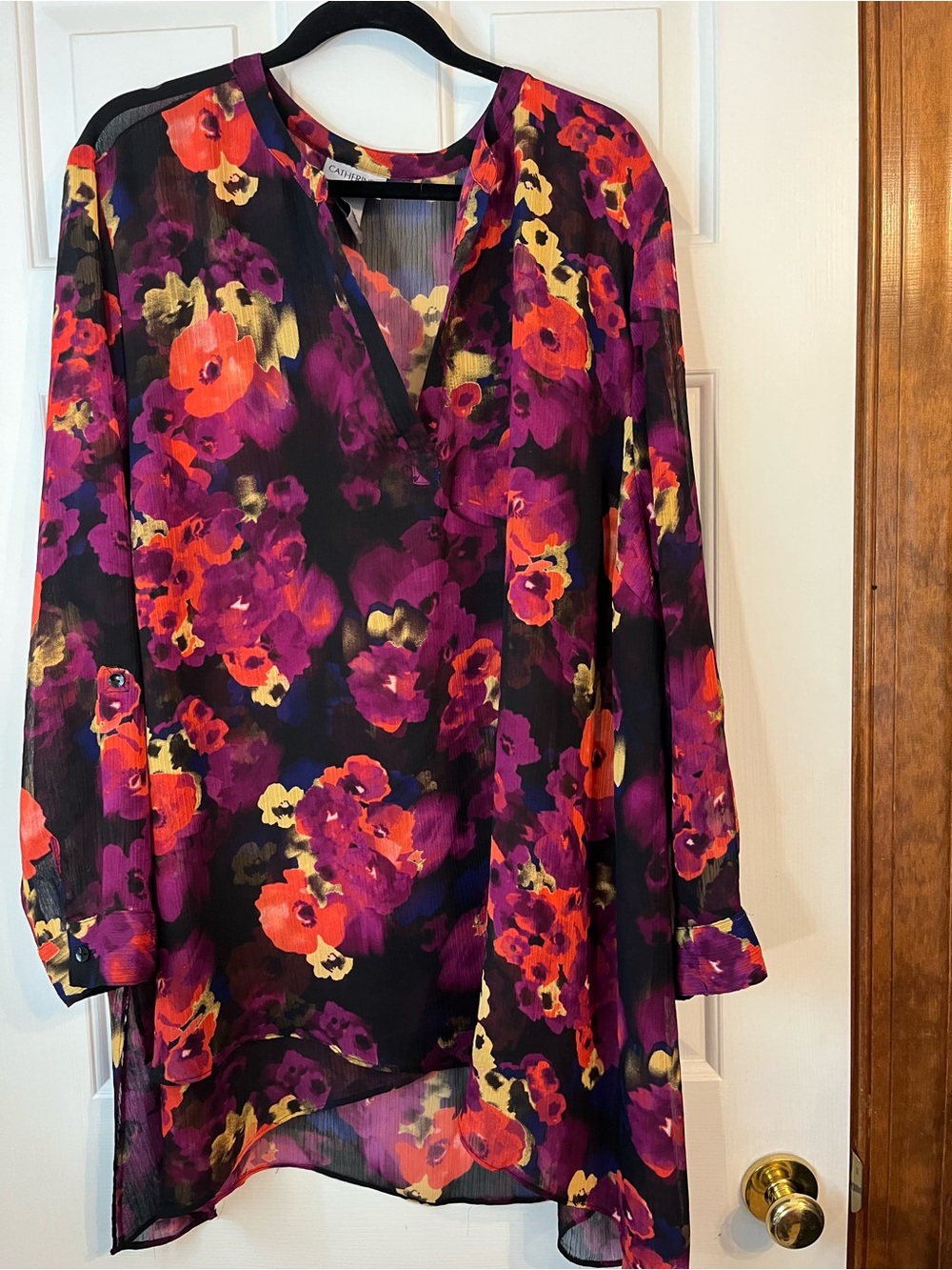 Black Floral Semi Sheer Tunic, Purple & Orange Accents, Adjustable Sleeves 3XL - Picture 2 of 4